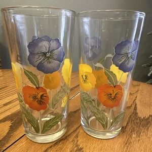 Set Of 2 Glass Drinking Cup Pansies KIG Indonesia‎ *chip